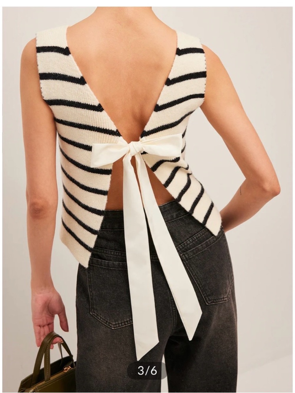 Striped Cream & Black Tie-Back Knit Top